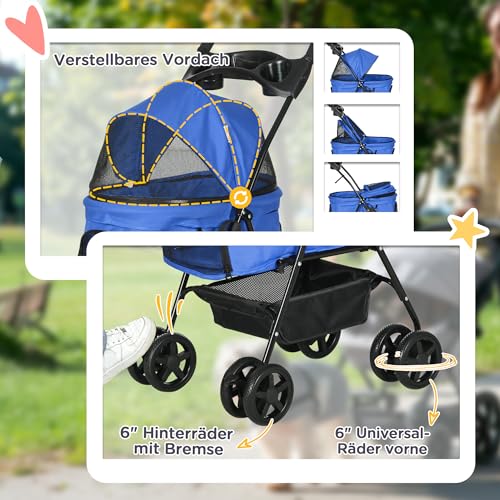 PawHut Hundewagen Hundebuggy mit Klappfunktion Pet Stroller für kleine Hunde und Katzen Haustierwagen Katzenbuggy Oxford Blau 67 x 45 x 96 cm