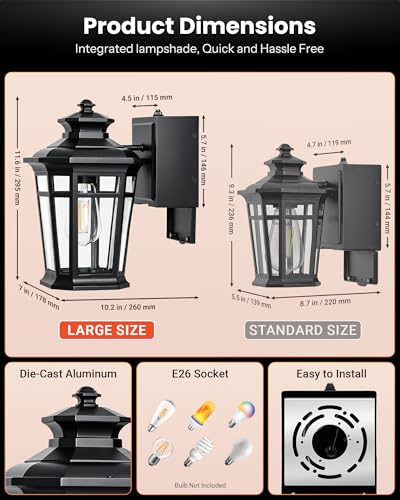 Image of Gleamz Large Dusk to Dawn Outdoor Lighting with GFCI Outlet, Black Exterior Lighting Fixtures, Outdoor Porch Lights Wall Mount for Garage, Patio, Coach, 100% Aluminum Anti-Rust Waterproof