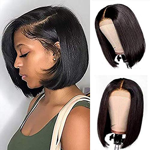 Lace Front Wigs Human Hair Pre Plucked with Baby Hair Short Human Hair Wigs for Black Women Brazilian Virgin Human Hair 150% Density(8inch Black color)