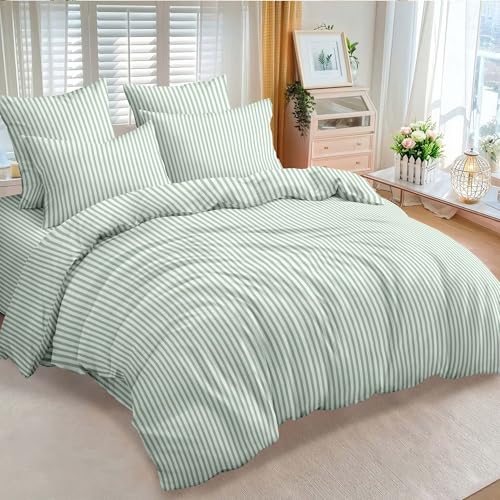 Image of Nayoroom Green Striped Duvet Cover Queen White Stripe Bedding