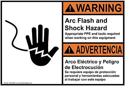 ComplianceSigns.com Warning Arc Flash and Shock Hazard English + Spanish  ANSI Safety Label Decal, 5x3.5 in. 100-Pack Vinyl for Electrical