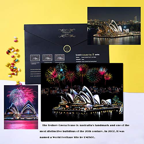 Rainbow Scratch Painting Paper by BOTEEN,City Series Night Scene,Scratch Painting Creative Gift,Scratchboard for Adult and Kids,with 4 Tools,Size:16''x11'' (Sydney Opera House) - Thumbnail 5