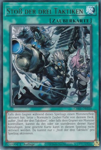 CH01-DE030 - Stoß der DREI Taktiken - Ultra Rare - Deutsch - 1. Auflage - Yugioh - The Chronicles Deck: The Fallen & The Virtuous - mit LMS Fieldcenter-Karte