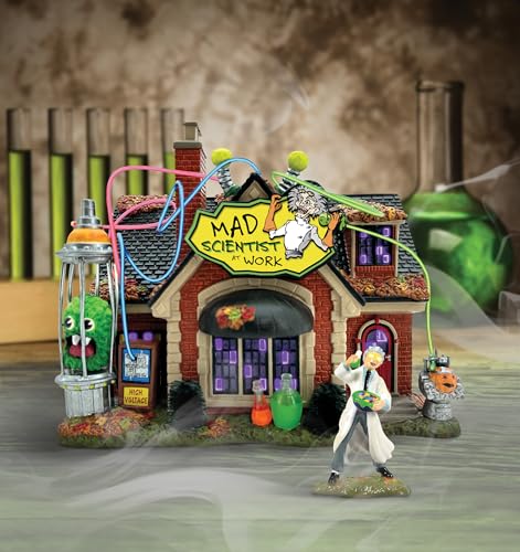 Snow Village Halloween edificio iluminado con detalles de terror científico 7