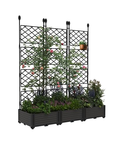 3 PCS Raised Garden Bed with Trellis, 50' W x 63' Tall Plastic Planter...