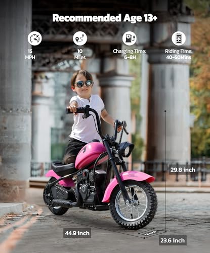 Image of ELEMARA Electric Dirt Bike, 15 mph & 150lb Max, 24V Ride on Toy for Big Kids w /LED Lights & Power Display,Chain-Driven Motor,Twist-Grip Throttle, Shock Springs,Handbrake,12 inch Air-Filled Tires-Pink