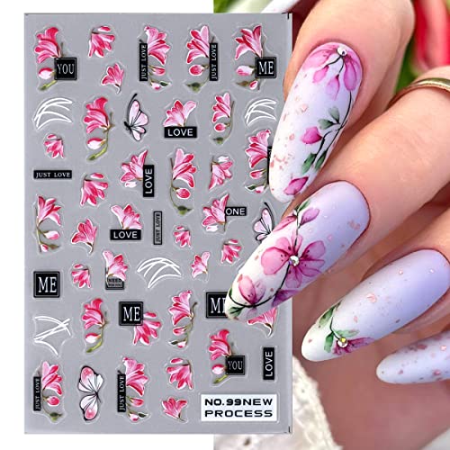 Flower Nail Art Stickers 5D Nail Stickers Fresh Spring Simple Flowers Leaf Nail Decals Nail Art Supplies Magnolia Daisy Pattern Elegant Sticker Manicure Decal Nail Art Decorations For Women 4 Sheets #TOP1