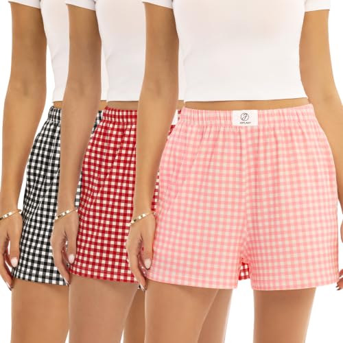 JOYLADY 3-Pack Plaid Pajama Shorts for Women, Gingham Boxer Sleep Bottoms, Set A-L