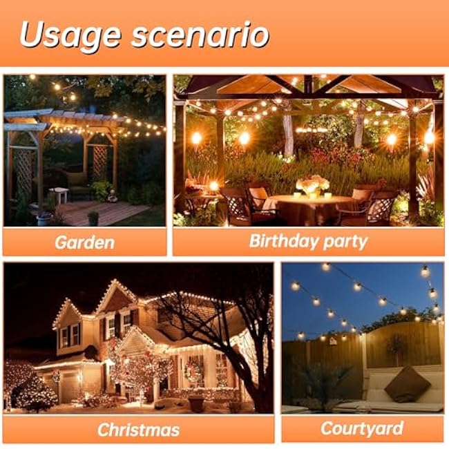 Outdoor String Light 12FT Spherical G50 Drop-Proof Waterproof Transparent lampshade Warm White Light Suitable for Garden Party Terrace Outdoor Courtyard Light String