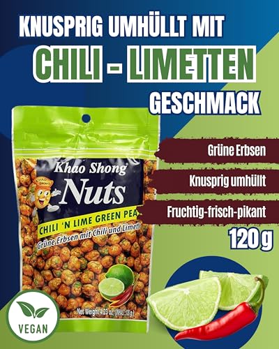 Khao Shong Chili 'n Lime Green Peas, grüne Erbsen mit Chili & Limette überzogen, knackiger Snack im fruchtig-scharfen Teigmantel, fettärmere Alternative zu Nüssen, 1 x 120 g Standbeutel