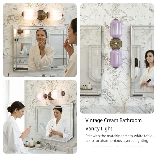 Image of Vintage Milk Glass Sconce - 2-Light Wall Sconce with Brass Finish Base & Green Glass Shade - Wall Sconce Lighting for Mirror, Kitchen, Living Room, Gallery (Bulbs Included) (Purple)