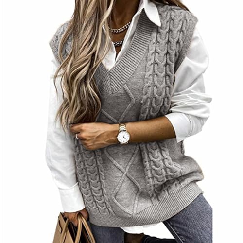 Hyipels Women's Sweater Vest,Long Cable Loose Knitted Sleeveless V Neck Casual Sweaters Tank Top S~XL