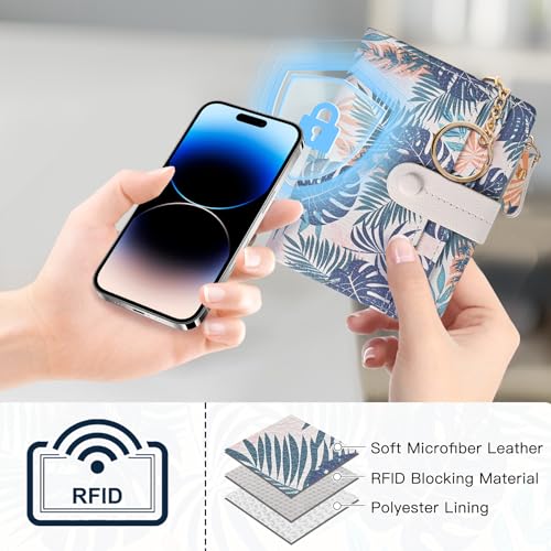 Image of COSHAYSOO Womens Wallet for Ladies RFID Technology-Mini Bifold Purse with Card Slots ID Window - Zipper Coin Compartment Bill Holder-Waterproof PU Leather Keychain Hook-Palm Leaves