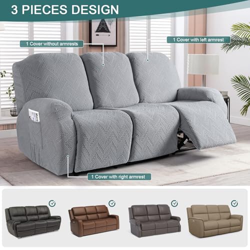 Image of Ruaozz Recliner Sofa Covers Recliner Chair Covers Couch Covers for Reclining Couches with Pockets Washable Furniture Protector with Elastic Bottom (3 Seater, Light Grey)