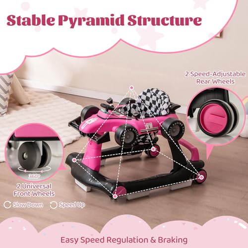 Image of GLACER Foldable Baby Walker, 4-in-1 Infant Walker with Adjustable Height & Speed, Music, Light, Steering Wheel & Washable Cushion, Baby Walker Activity Center for Boys Girls 6 -18 Months (Pink)