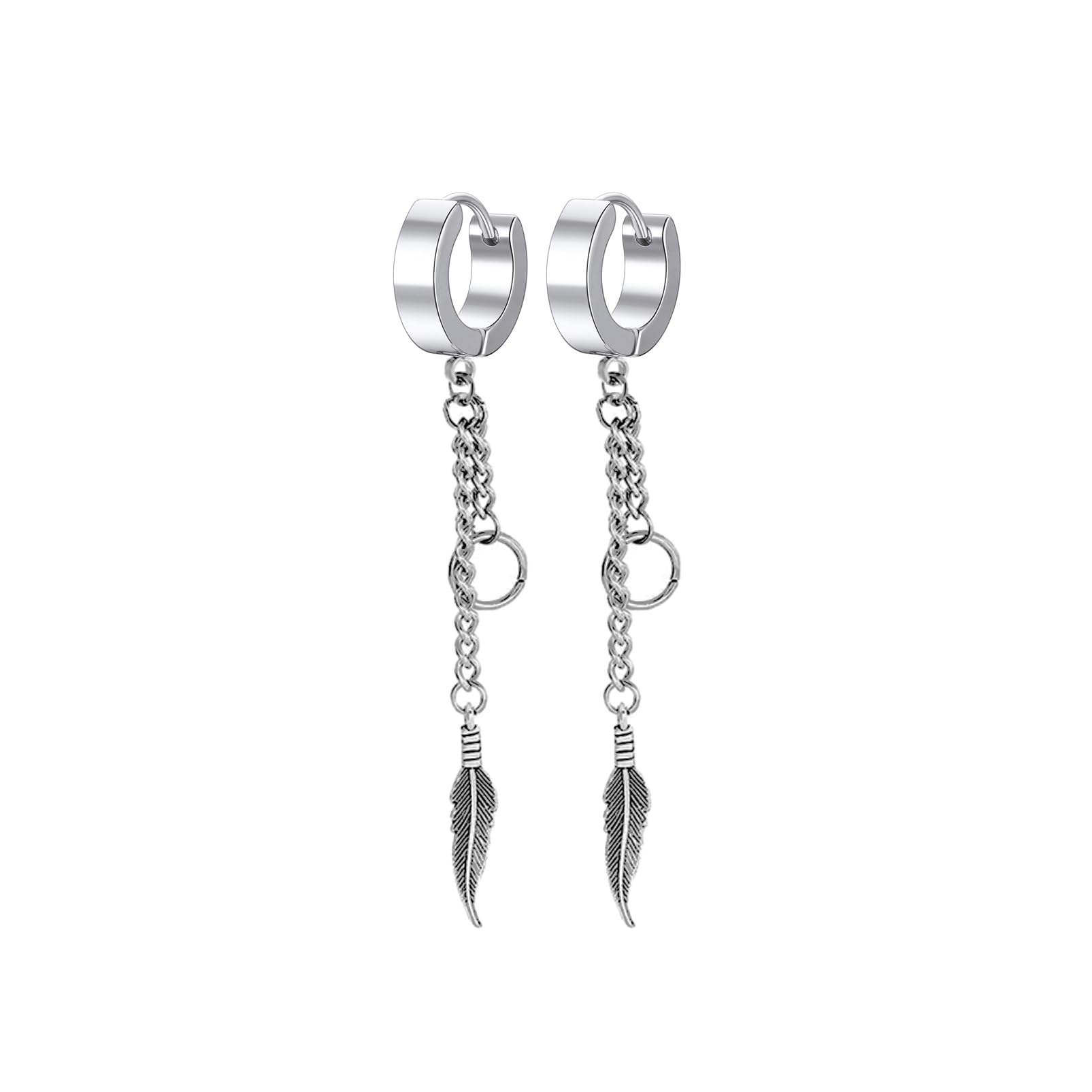 Unisex Gothic Kpop Emo Black Stainless Steel Feather Circle Ring Spike Tassel Chain Dangle Drop Earrings Piercing Jewelry Huggie Hoop Earring Gift for