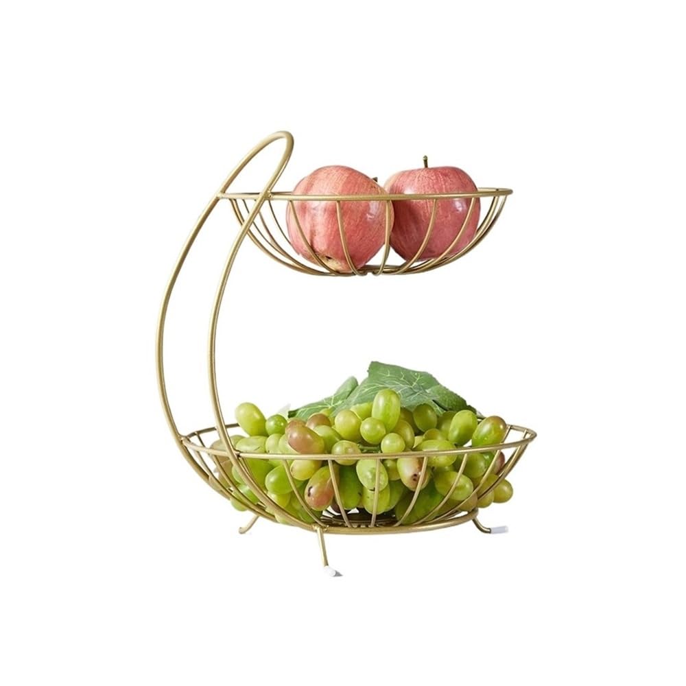 HLHLOP777 Fruit Bowl 2-Tier Fruit Basket Kitchen Countertop Vegetables Rack Metal Storage Holder Fruit Basket(Gold)