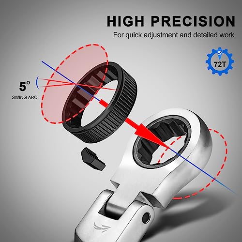 HAUTMEC 7-Piece Flex Head Ratchet Set, Ratcheting Combination Wrench Set with 72-Tooth 5° Swing Arc, 180° Pivoting Head, Metric 8-19mm, CRV Steel Mechanics Tools for Mechanics, Auto Repair by HAUTMEC - Image 3