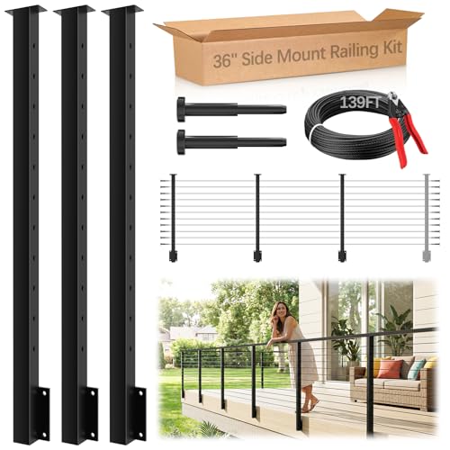 Image of Side Mount Cable Railing Post Kit for 36 inch Railing System (Post Body 44 inch), 3 Pack Black Side Mount Level Railing Post Kit, Space-Saving Fascia Mount Rail Post for Indoor Outdoor Deck DIY Length