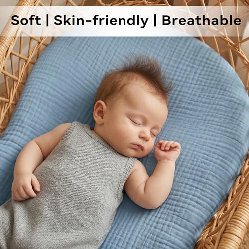 Image of Muslin Bassinet Sheet Compatible with Halo BassiNest Swivel Sleeper - 100% Cotton Hourglass & Peanut Shape Mattress Pad Cover (30 inchx18 inch), Breathable & Soft, Boho (1 Pack Blue)