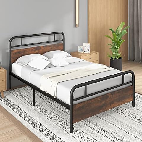 COSTWAY Metal Bed Frame with Wood Headboard Cover