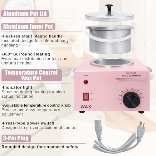 Image of Electric Wax Warmer Machine for Body Hair Removal Hot SPA Aluminum Heater with Wooden Wax Sticks-Single Pot (Pink)