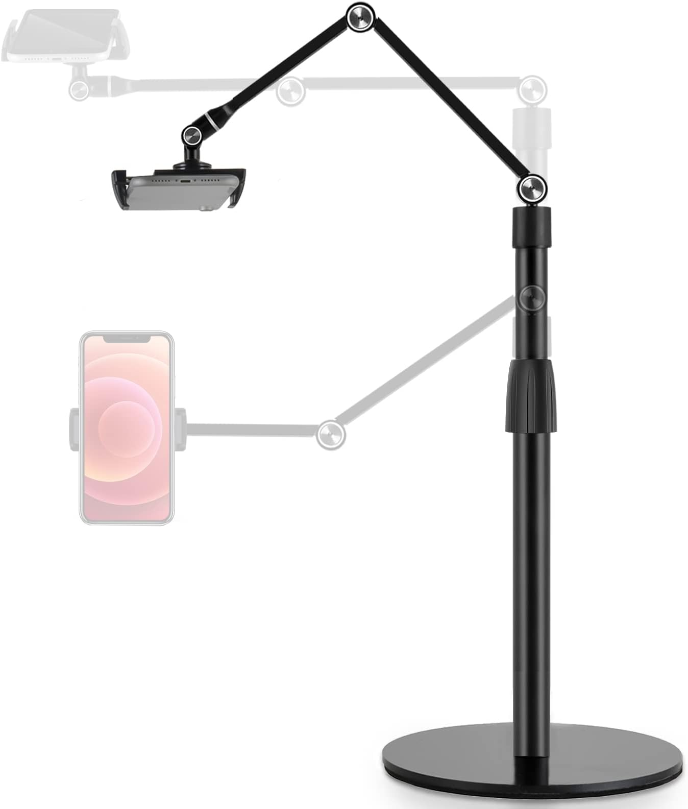Tablet Phone Overhead Stand, Height & 360 Degree Angle Adjustable, Aluminum Desktop Stand, Compatible with 3.5-11" Cellphone or Tablet Such as iPhone iPad Pro Air Mini, Samsung, Nexus(AP-4P-B)