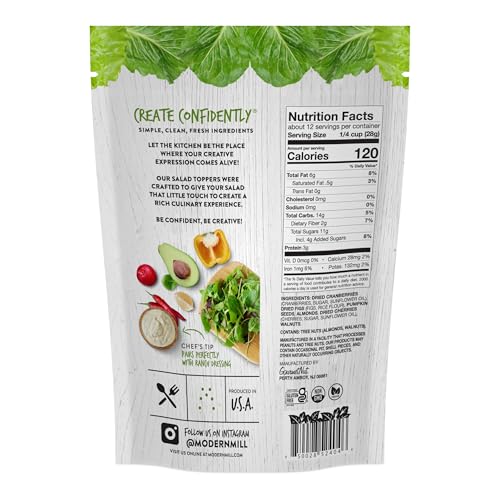 Image of Modern Mill Omega Mixed Salad Topper By Gourmet Nut - Dried Cranberries, Figs, Roasted Sliced Almonds, Walnuts, Cherries & Pumpkin Seeds - Gluten Free, Kosher, Vegan Snack Mix - 12 oz Resealable Bag