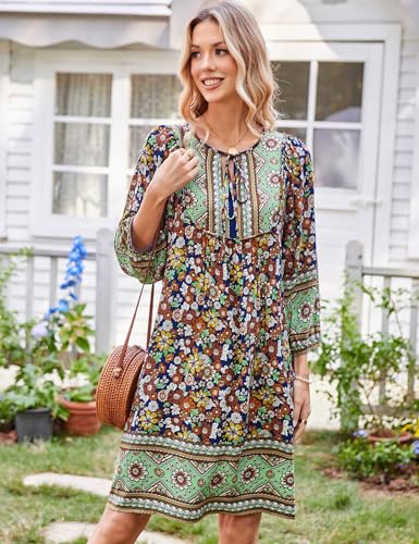 Image of Bluetime Women Casual Summer Dress Boho V Neck 3 /4 Sleeve Babydoll Floral Print Flowy Beach Dress