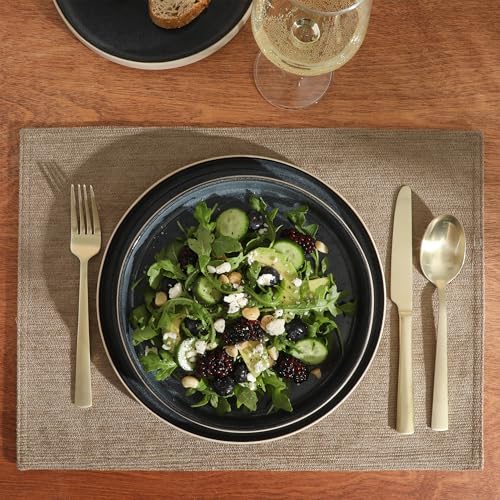 Image of Gibson Elite Liberty Bay 16-Piece Pottery Clay Stoneware Dinnerware Set - Blue Reactive Glaze, Stackable Plates and Bowls W /Pasta Bowl, Service for 4 - Microwave & Dishwasher Safe