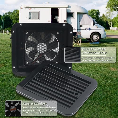 MaxEarn Abluftventilator Für Wohnwagen, 12V 2,4W Wohnmobil Dachventilator, Reversibler Max Air Belüftung für Dachlüfter mit Insektenschutzgitter, Schwarz Geräuscharmer Lüfter Seitenabluftventilator