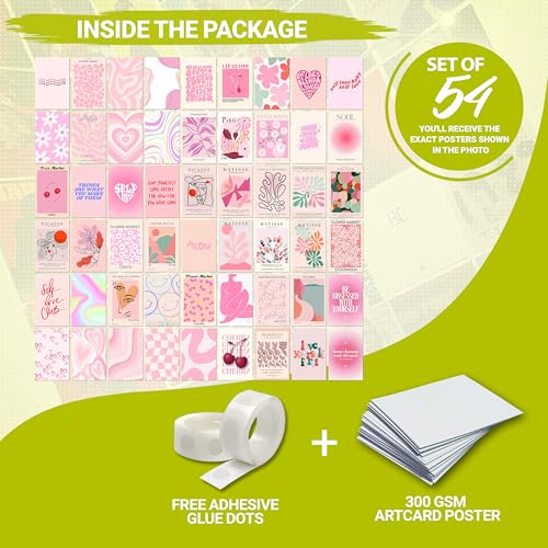 Image of MODERN GALLERY MART Pack of 54 Danish Pink Wall Collage Kit Posters - 4 x 6 Inches Posters for Wall Decoration - Wall Art For Bedroom, Office, Living room, Dorm room - Glue Dots Include