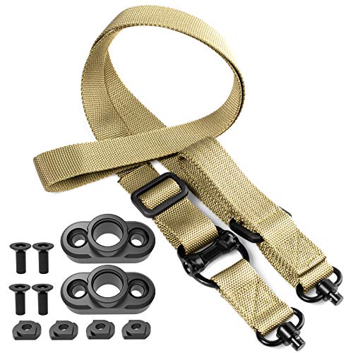 Rifle Sling 2 Point Sling Quick Adjust with QD Sling Swivels, 2 PCS QD Sling Mount for Mlok, Two Point Sling with Fast Adjust Loop (Khaki)