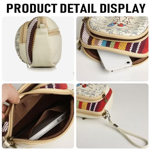 Ethnic Canvas Crossbody Phone Bag, Multi-Color Striped Pattern, Cream White with Art Print, 5 * 6 * 2inch, Compartments, Adjustable Shoulder Strap4