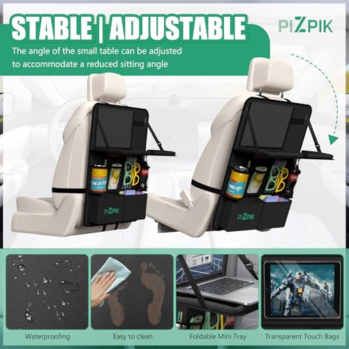 Image of Plzpik Car Backseat Organizer with Tray(1Pack),13Storage Pockets with Foldable Food Tray, Protector Kick Mats for Kids, Travel Accessories Organizer (Black)