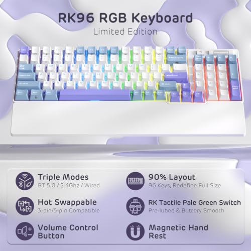 Image of RK ROYAL KLUDGE RK96 RGB Limited Ed, 90% 96 Keys Wireless 3-Mode BT5.0 /2.4G /USB-C Hot Swappable Mechanical Keyboard w /Wrist Rest, Volume Control, Software, Massive Battery, RK Pale Green Switch