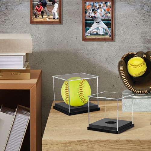 Image of Hooqict 4 Pack Arcylic Softball Display Case Clear Softball Holder UV Protected Stand Championship Display Case Memorabilia Square Box for Golf Tennis Game Ball Baseball