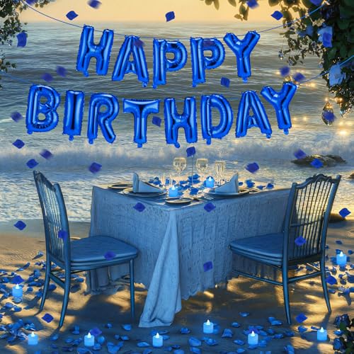 Image of Blue Happy Birthday Balloons Decorations Happy Birthday Letter Balloons Banner Set with 24pcs Round Flameless LED Candles and 2000pcs Artificial Rose Petals for Women Men Room Party Decor