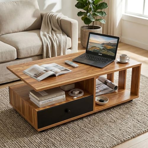 Image of FFO Modern Coffee Table with Storage Drawer & Open Shelves (90 x 60 x 45 cm) | Wooden Center Table for Living Room | Space-Saving Tea Table with Storage DIY.