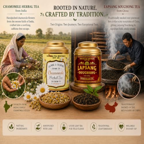 Image of Sancha Tea Boutique, Tea Combo Pack: Chamomile Flower, 50g Caffeine Free Herbal & Smoked Lapsang Souchong (Russian Caravan) Teas, 50g Loose Leaves