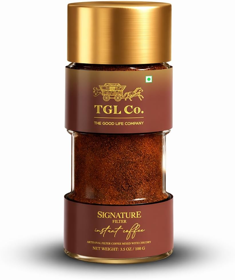 TGL Co. The Good Life Company Signature Filter Coffee Powder, Instant Coffee Powder (100 gm) | South Indian Filter Coffee Mixed with Chicory, Glass Bottle