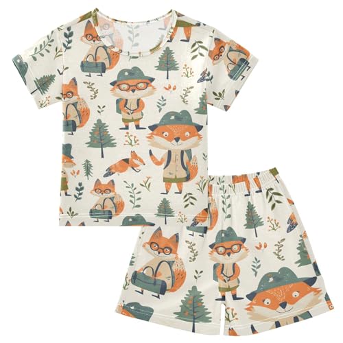 ALAZA Explorer Fox Pajamas Short Sleeve 2 Piece Sleepwear Top and Bottom Pajama Set Unisex