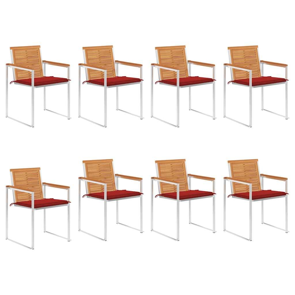 Sillas de jardín de madera maciza de acacia, 8 unidades, con cojín, juego de sillas de comedor de madera de acacia y acero inoxidable, duraderas e inoxidables para terraza