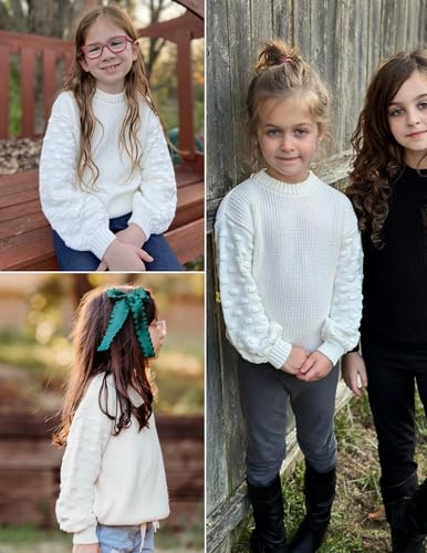 Image of Arshiner Girls Crewneck Sweaters Chunky Lantern Sleeve Knit Jumper Tops Casual Drop Shoulder Pullover Outwear for 5-13 Years