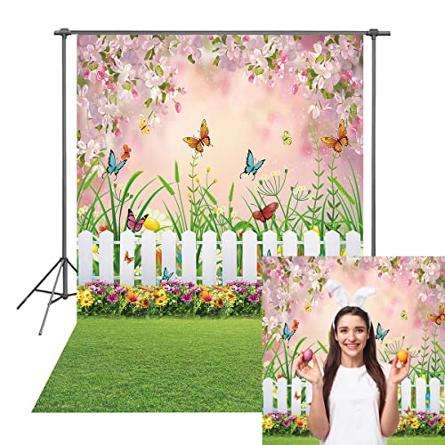 INRUI Spring Easter Garden Photography Backdrop Green Grass Lawn Floral Butterfly Fence Baby Shower Birthday Party Decorations Banner (5x7FT)