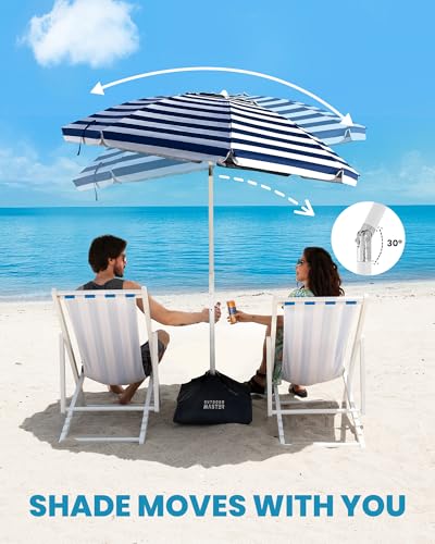 Image of OutdoorMaster Beach Umbrellas for Sand with Sandbag & Anchor, 6.5ft Adjustable Umbrella for Beach Heavy Duty Wind, Portable UPF50+ Sunshade with Carry Bag for Patio, Navy Striped