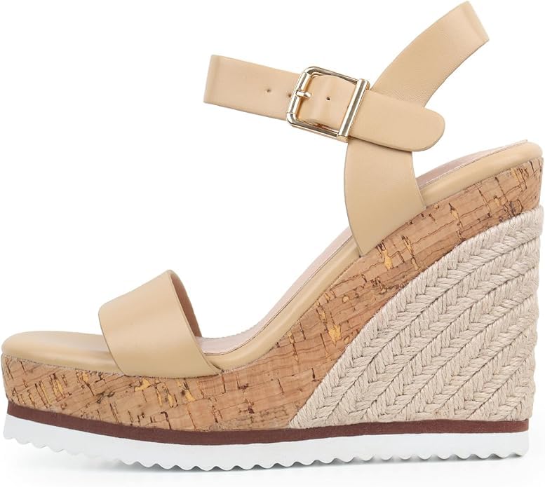 Image of Wedge Sandals for Women Espadrilles, Women's Wedges Sandals Square Toe Adjustable Ankle Strap Buckle Comfortable High Heel Beach Shoes with Cushioned Footbed for Casual Summer
