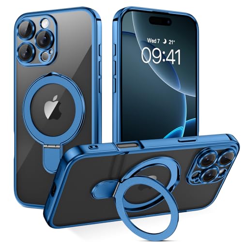 Coque iPhone 16 Pro Max transparente avec anneau de support invisible bleu