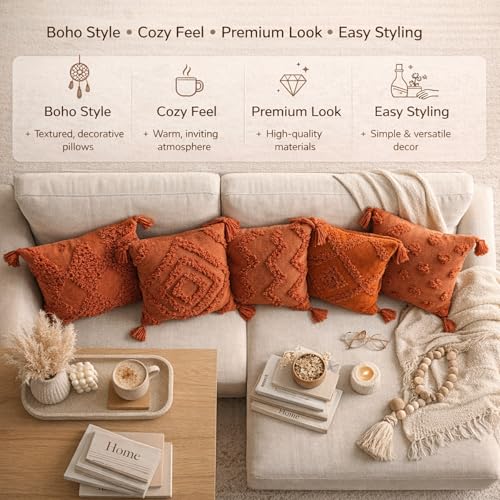 Image of SILK & YANA 16x16 Cotton Cushion Covers Set of 5 | Hand-Tufted Decorative Throw Pillow Covers with Boho, Geometric & Textured Designs | Tassel-Trimmed Covers for Sofa | Terracotta