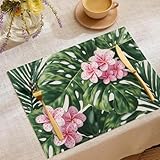 Juego de 6 Manteles Individuales Lavables Acuarela Flores Tapete Mesa 45 x 30 cm Comedor de Lino algodón, Hojas Tropicales Manteles Individuales Antimanchas Impresos Tapetes